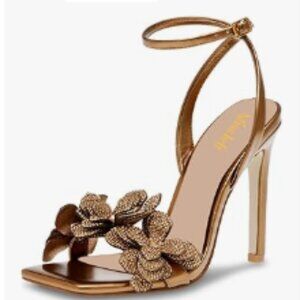 miss left Gold Rhinestones Stiletto Heel Sandals with Strap Buckle Flower Shoes